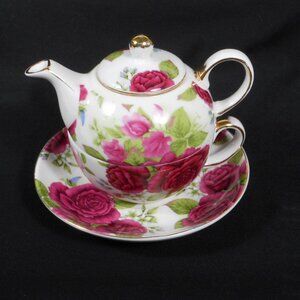 colorful tea cup/pot set with saucer. Adeline Porcelain